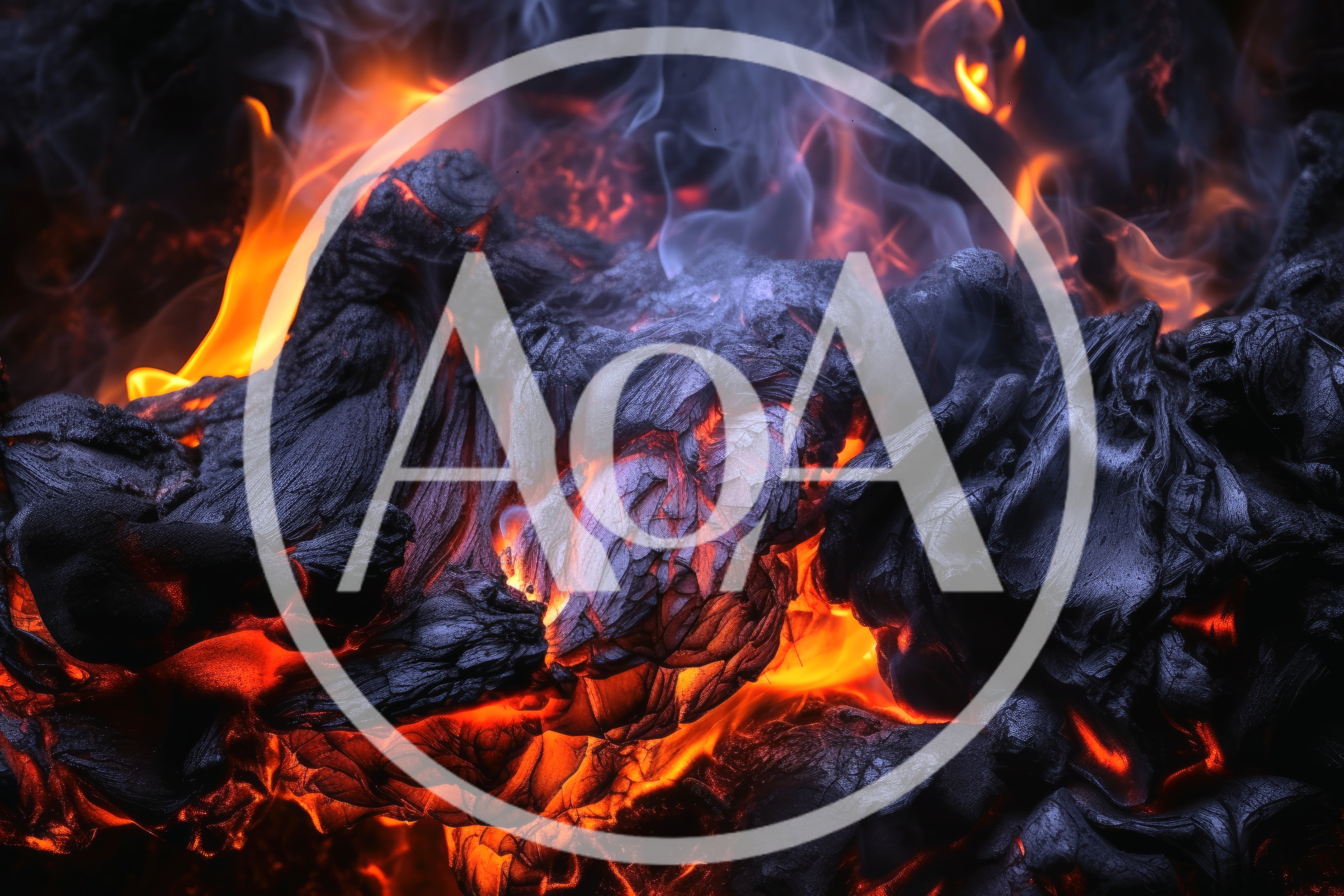 Burning Charcoal Embers With Intense Flames And Smoke