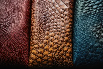 Three Different Textured Leather Samples In Red Brown Blue
