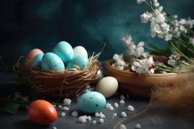 Easter Eggs In A Nest With Spring Flowers