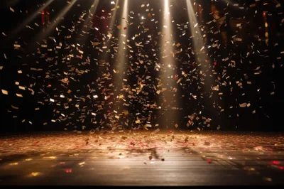Golden Confetti Falling On A Dark Wooden Stage