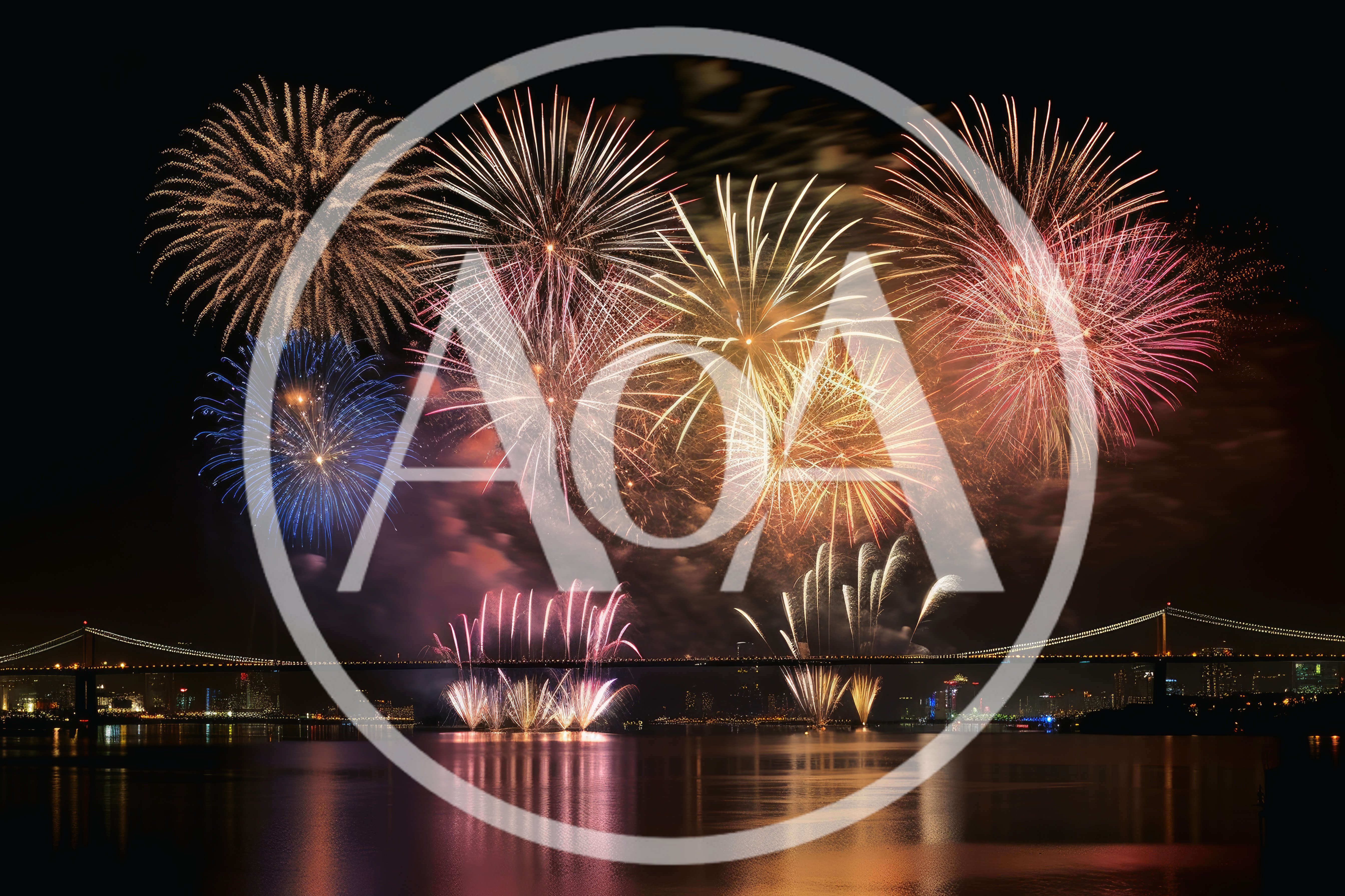Spectacular Fireworks Display Over A City Bridge At Night