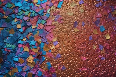 Colorful Metallic Confetti Scattered On Textured Copper Surface
