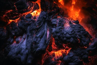 Molten Lava Flowing Through Dark Volcanic Rock