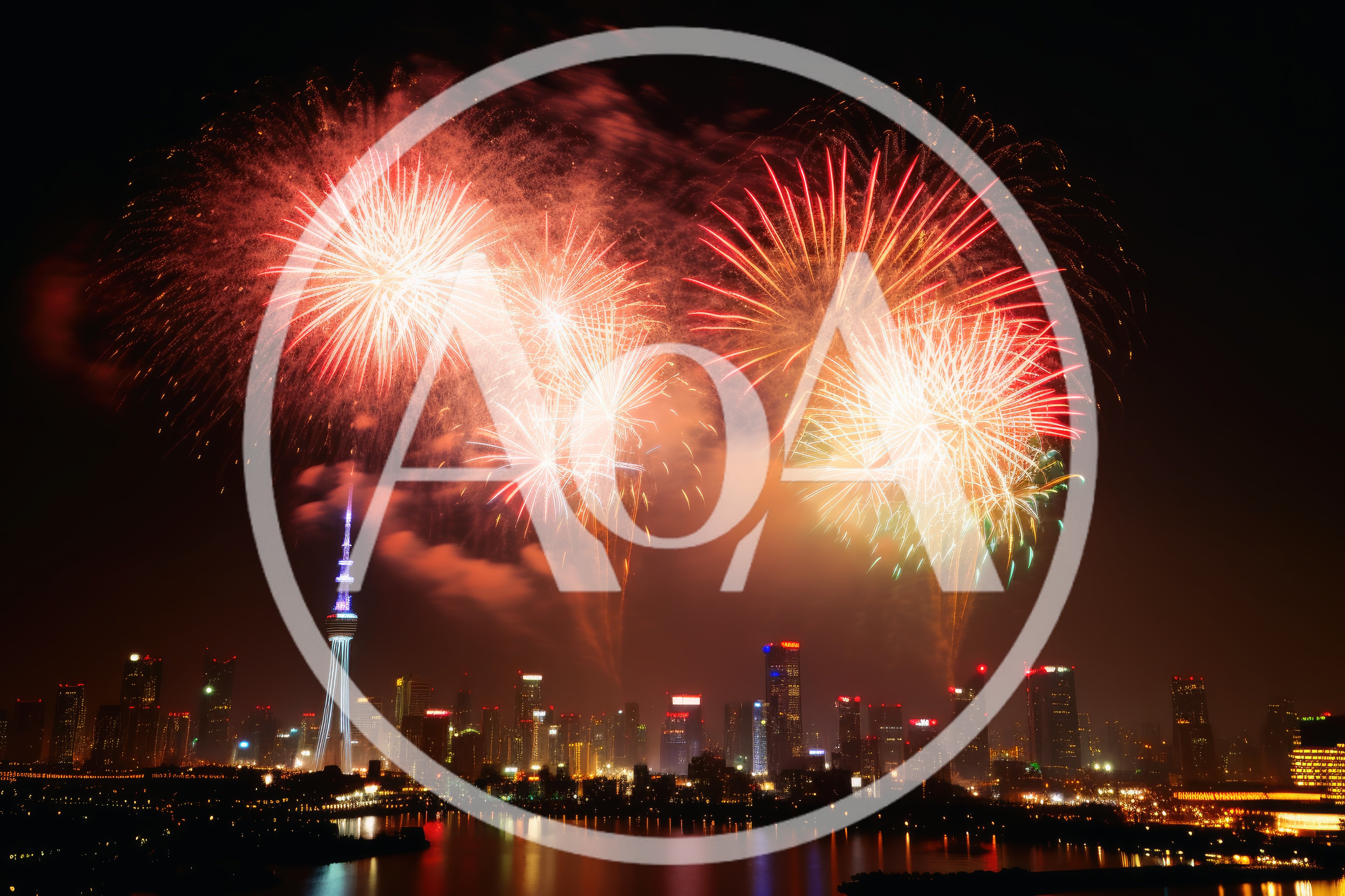 Fireworks Display Over The City Skyline At Night