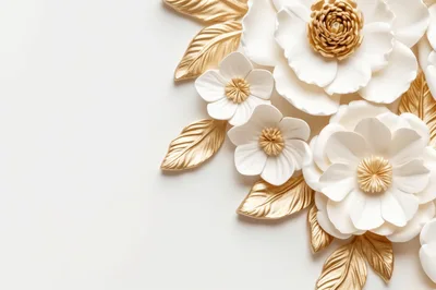 White Paper Flowers With Gold Leaves On White Background
