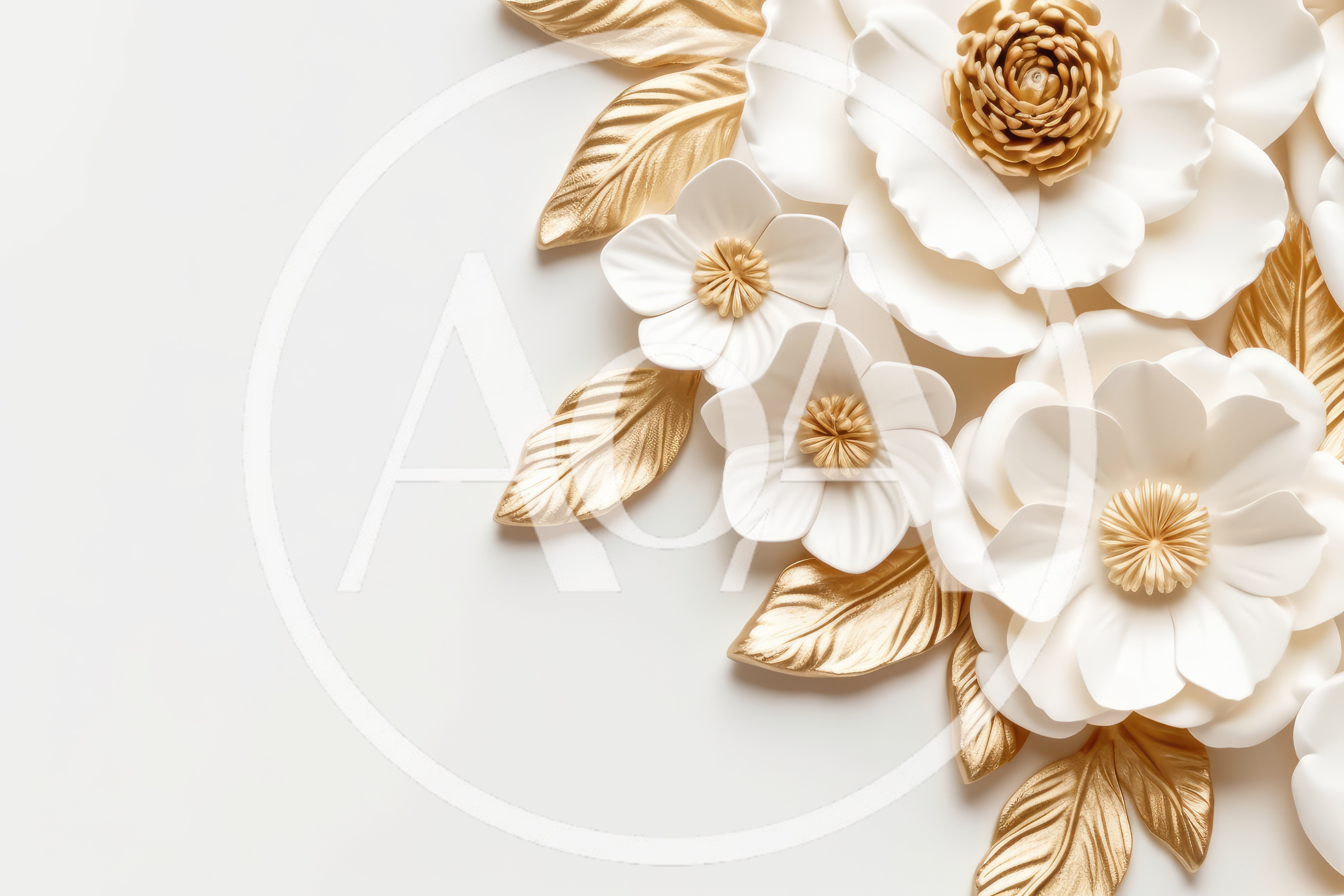 White Paper Flowers With Gold Leaves On White Background