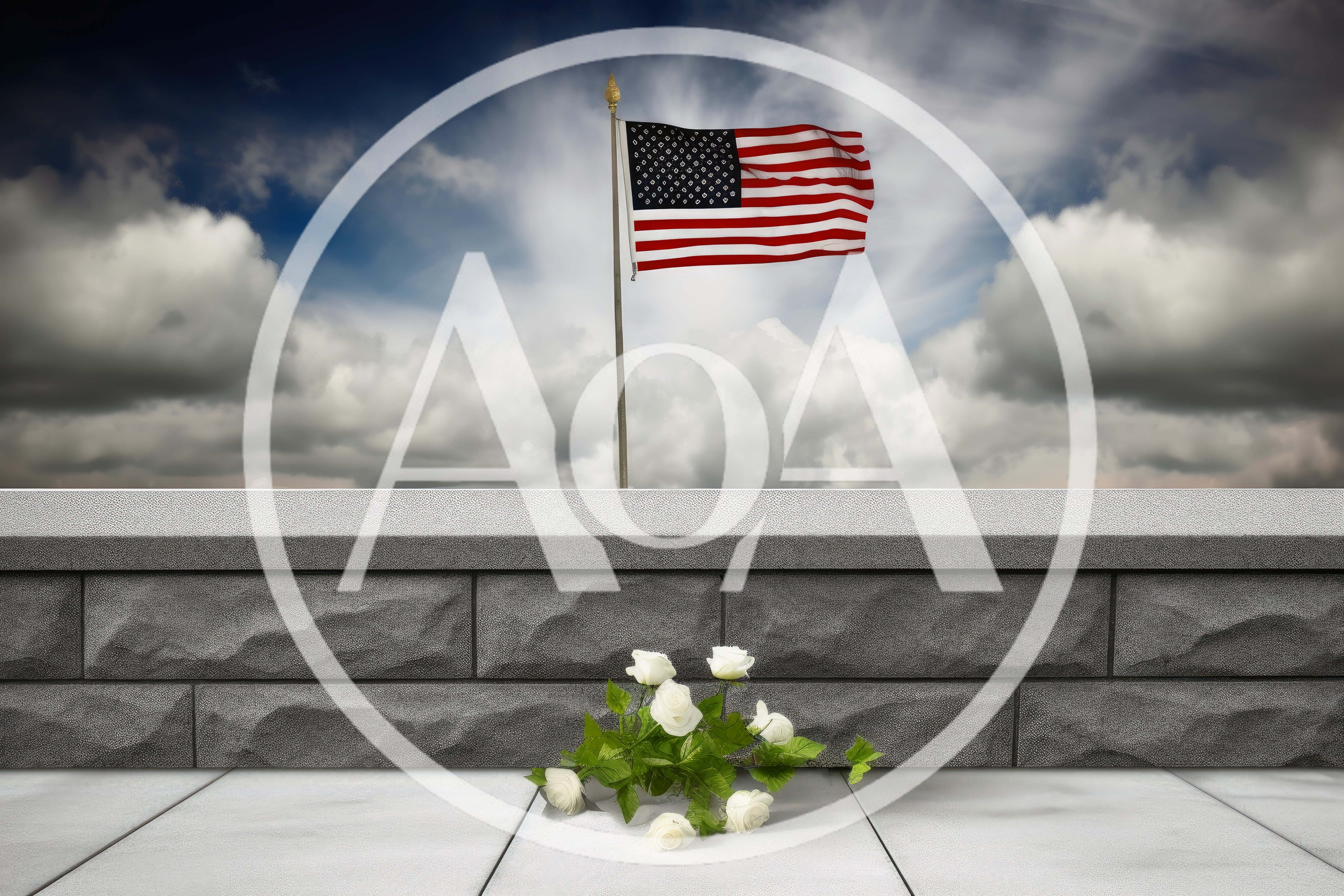White Roses Placed Before A Stone Wall With American Flag