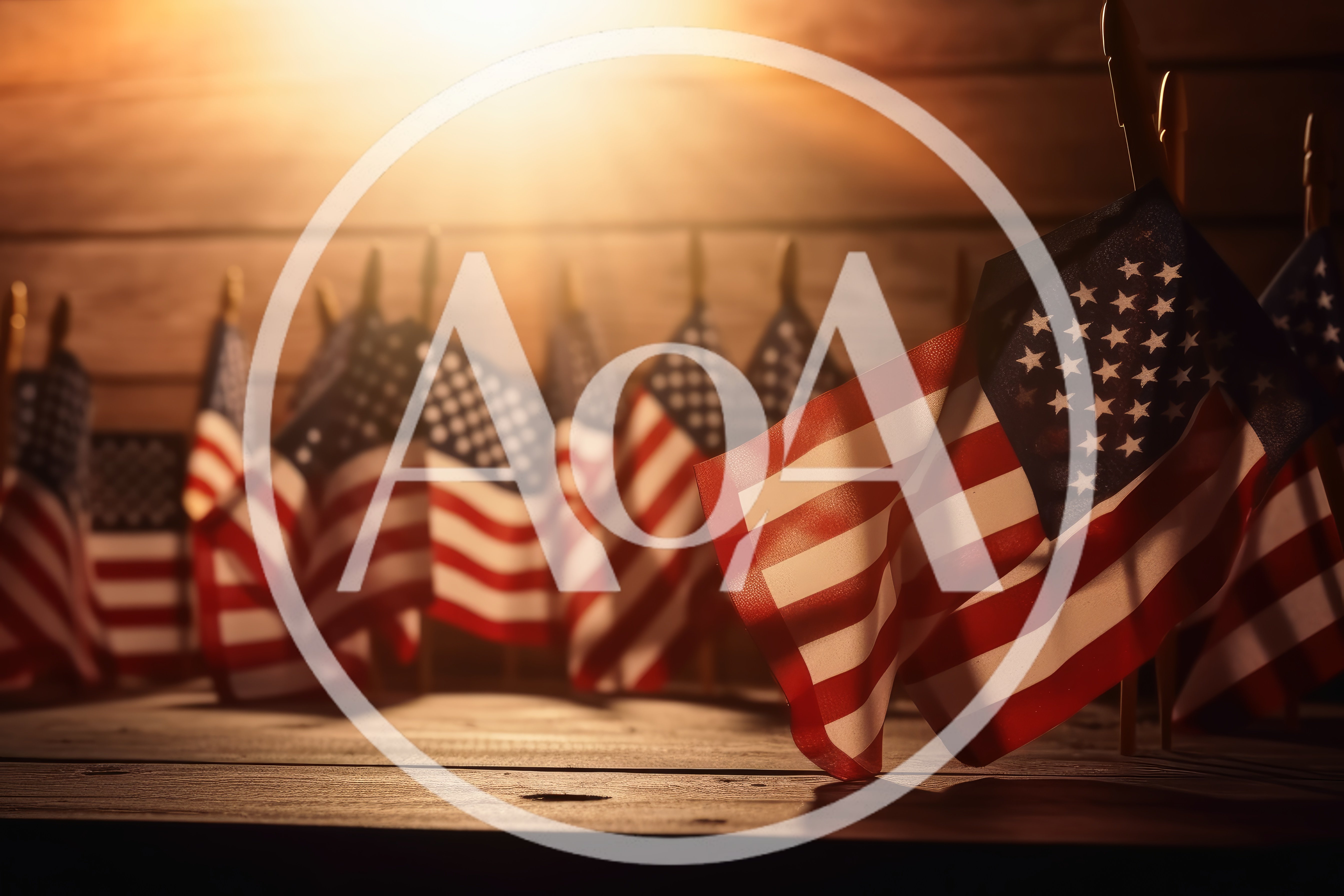 Small American Flags Arranged on Wooden Surface