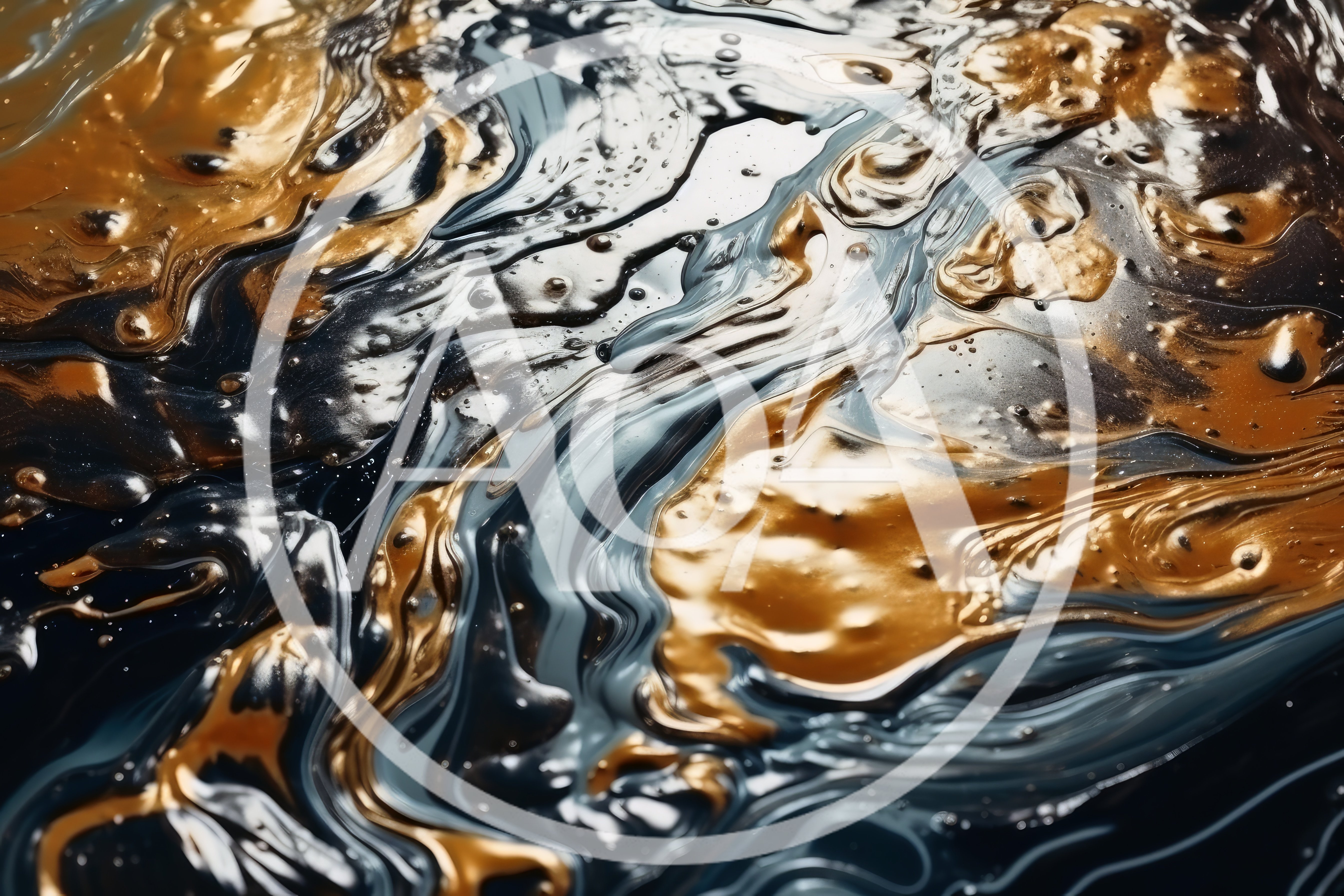 Abstract Liquid Gold and Dark Blue Paint Swirls