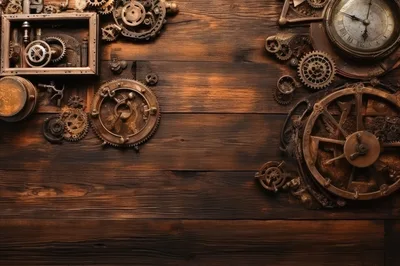 Steampunk Clockwork Gears And Mechanisms On Wooden Background