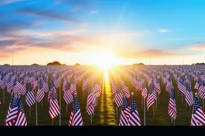 Field Of American Flags At Sunset
