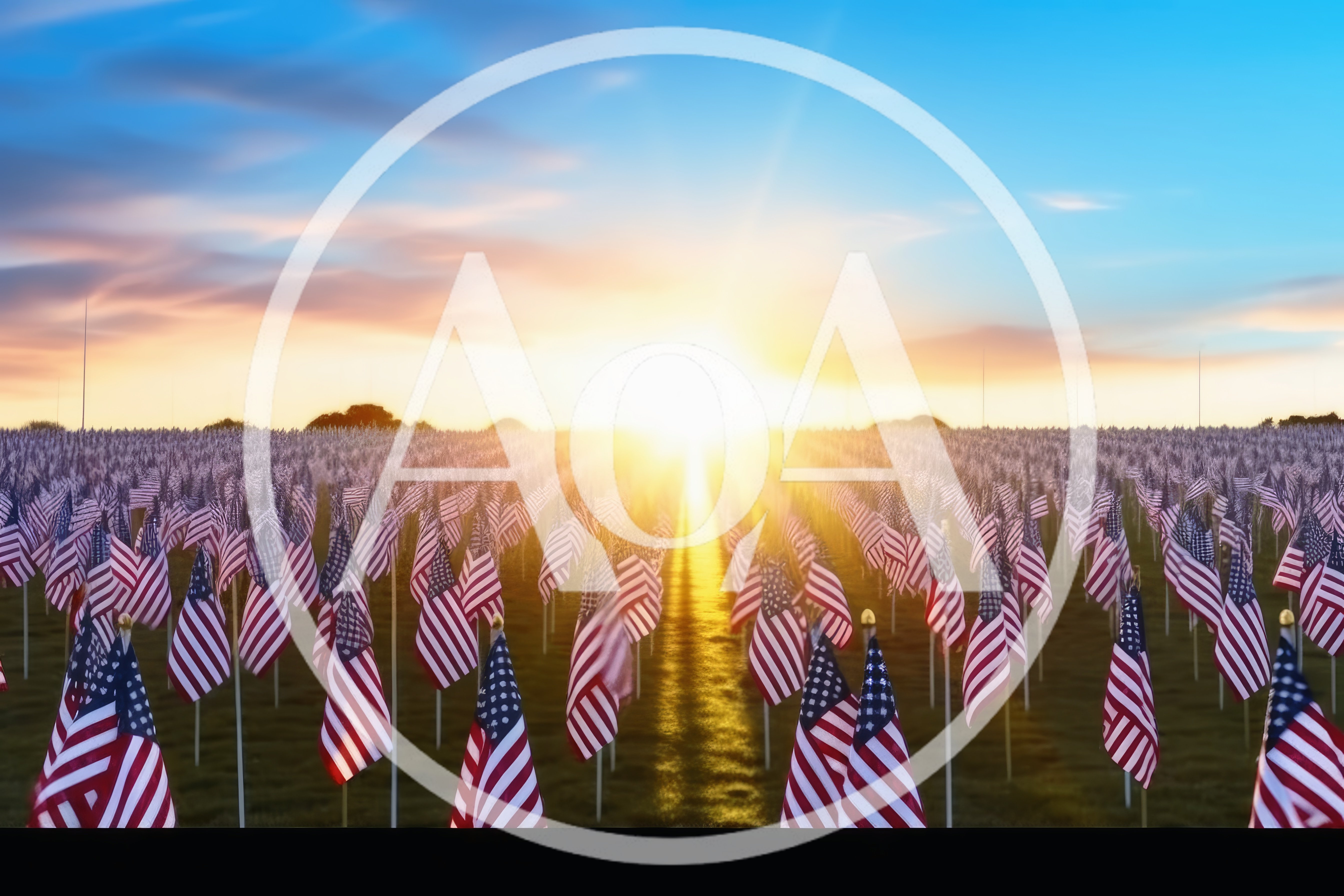 Field Of American Flags At Sunset