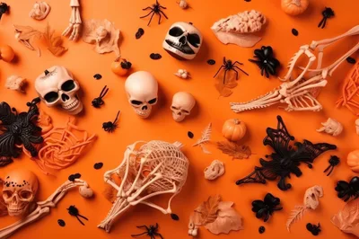 Halloween Flat Lay With Skulls And Spiders