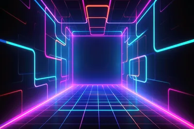 Futuristic Neon Corridor With Glowing Geometric Patterns