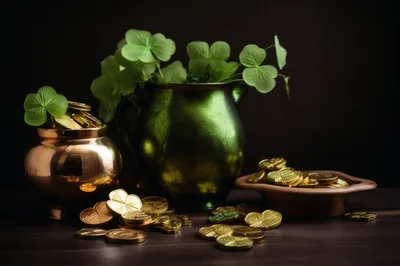 St Patricks Day Still Life With Gold Coins And Clovers
