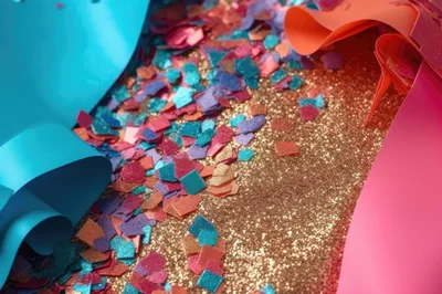 Colorful Confetti Scattered On A Gold Glitter Background