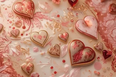 Decorative Golden Hearts Floating on Creamy Pink Background