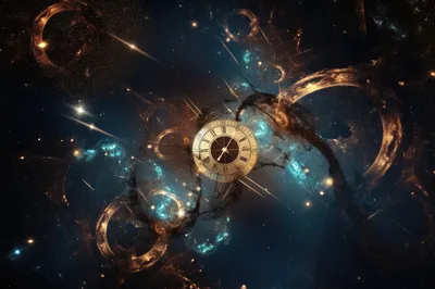 Surreal Clock Floating In Deep Space Nebula