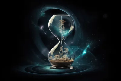 Surreal Hourglass Floating In Deep Space Nebula