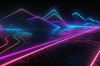 Abstract Neon Mountain Landscape With Glowing Grid Floor