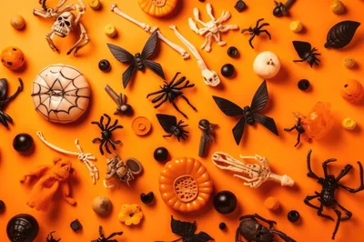 Halloween Decorations Flat Lay on Orange Background
