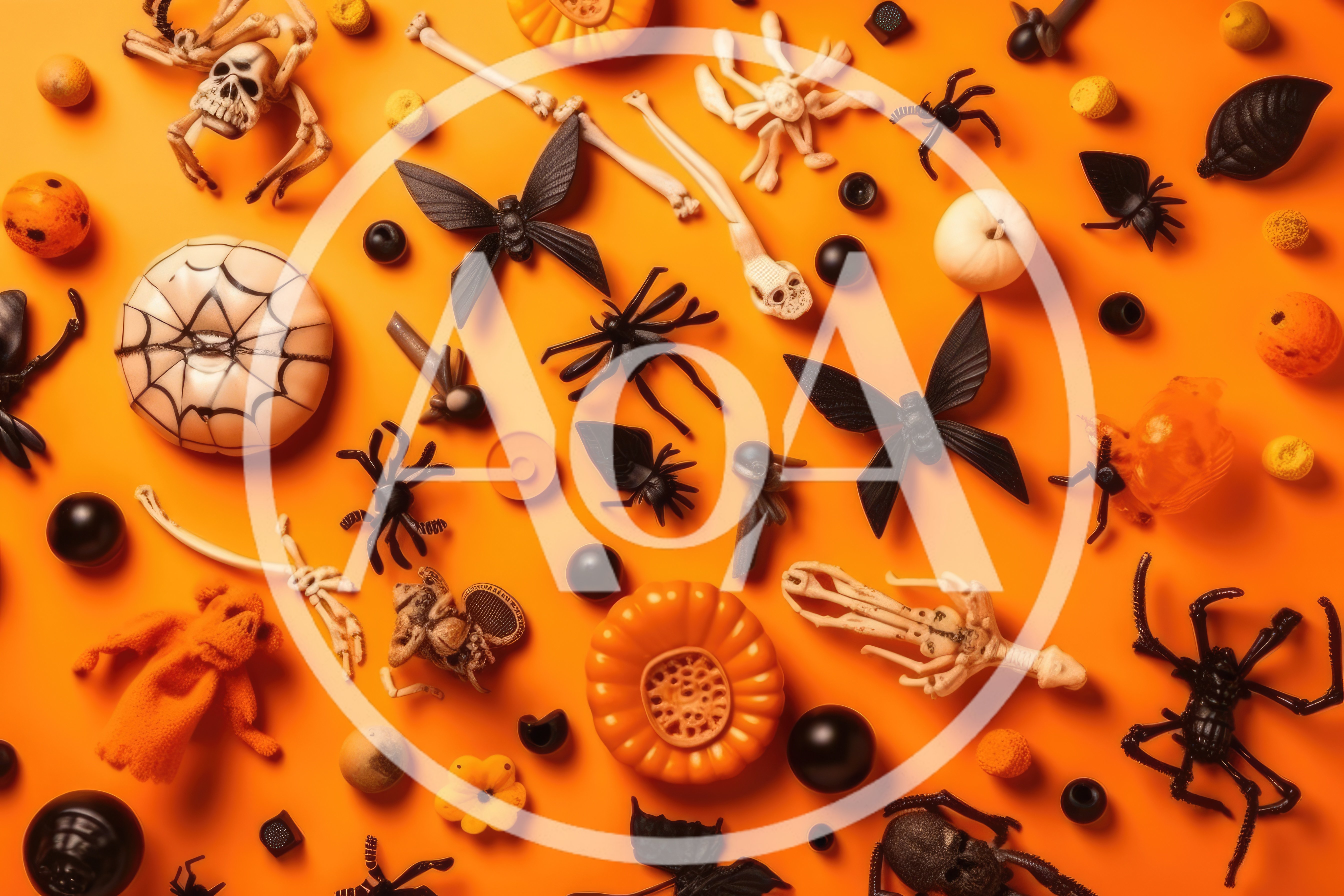 Halloween Decorations Flat Lay on Orange Background