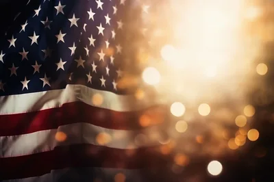 American Flag Waving With Golden Bokeh Background