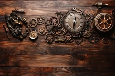 Steampunk Clockwork Mechanism Components On Wooden Background