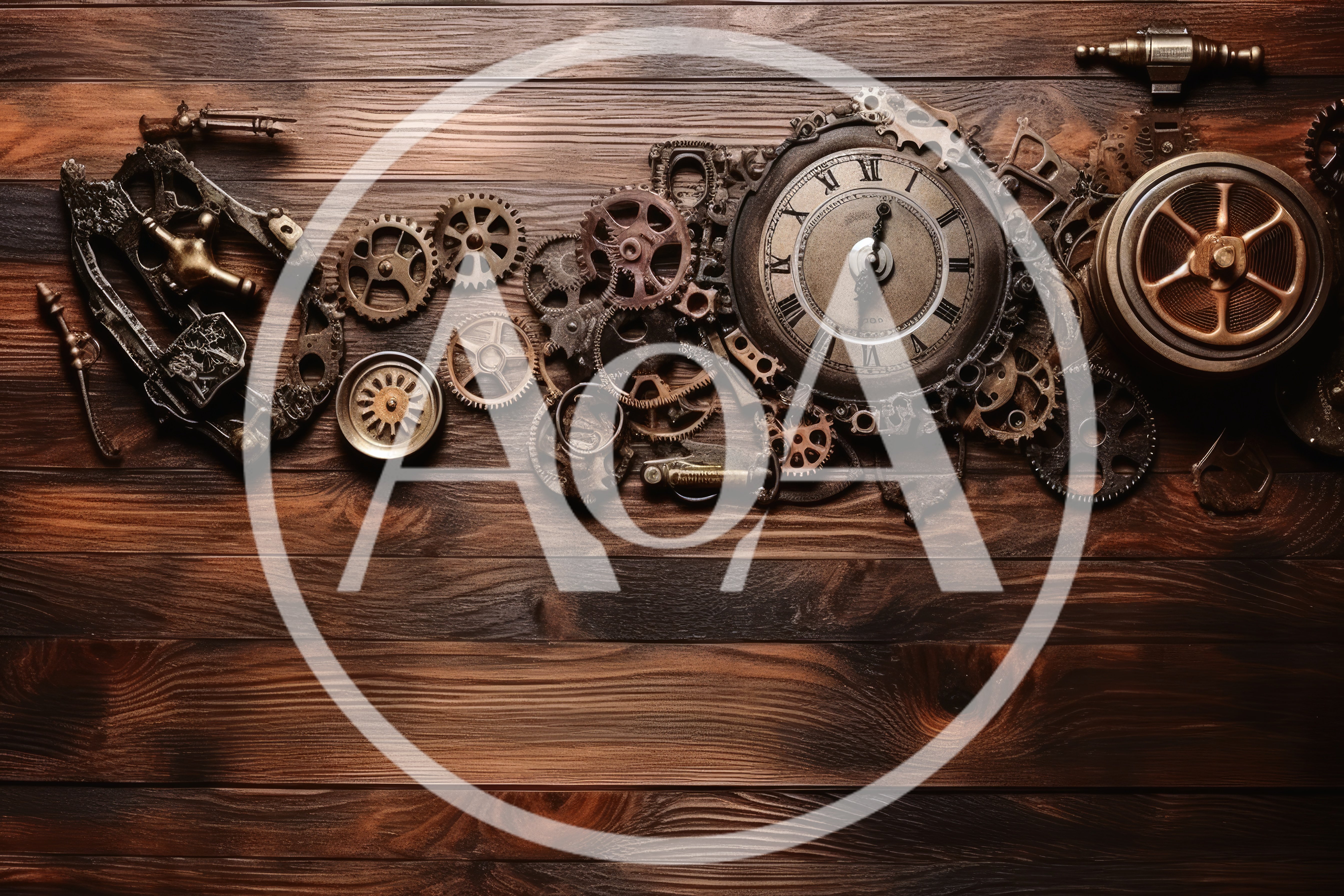Steampunk Clockwork Mechanism Components On Wooden Background