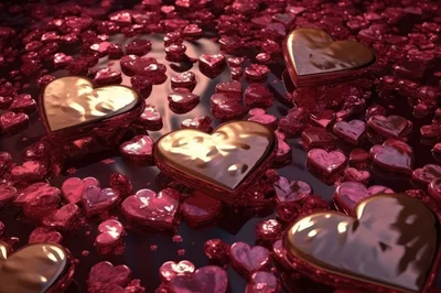 Shiny Metallic Hearts Scattered On Dark Reflective Surface