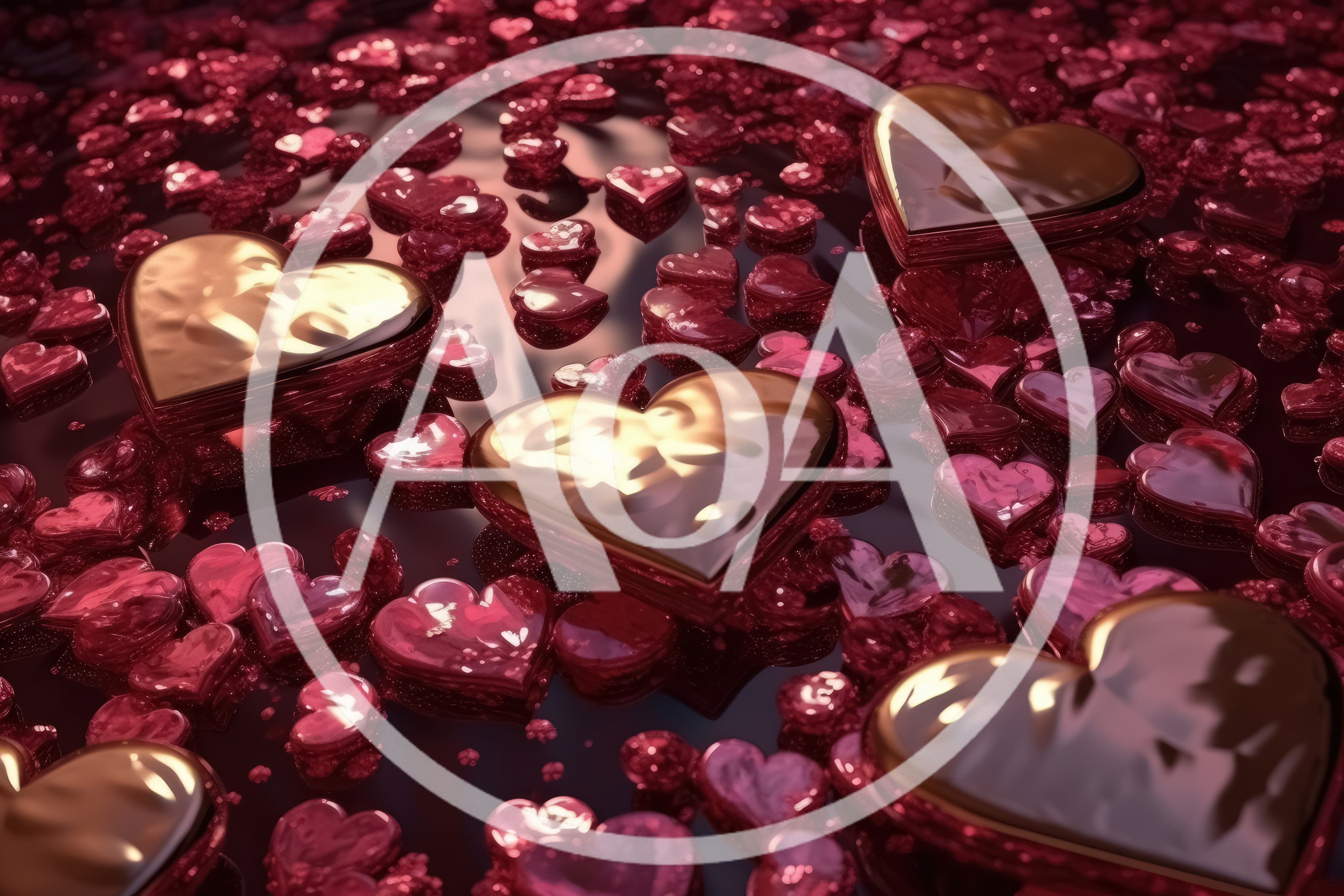 Shiny Metallic Hearts Scattered On Dark Reflective Surface