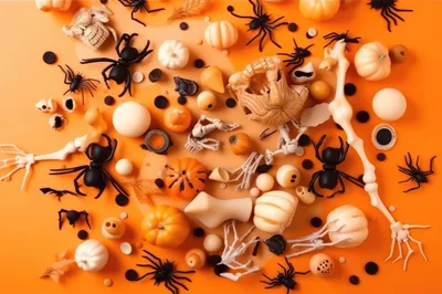 Halloween Flat Lay With Spiders And Pumpkins