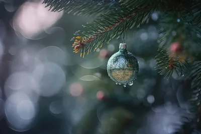 Single Christmas Ornament Hanging On Pine Branch