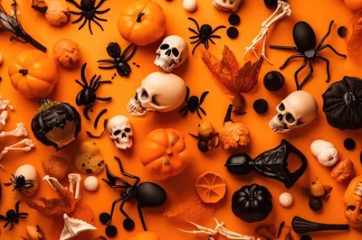 Halloween Flat Lay With Skulls And Spiders