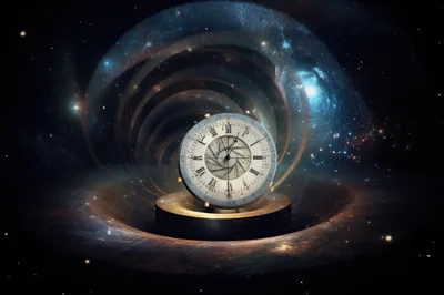 Surreal Clock Floating In A Cosmic Space Vortex