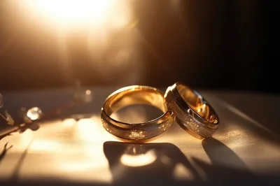 Two Elegant Gold Wedding Rings On A Reflective Surface
