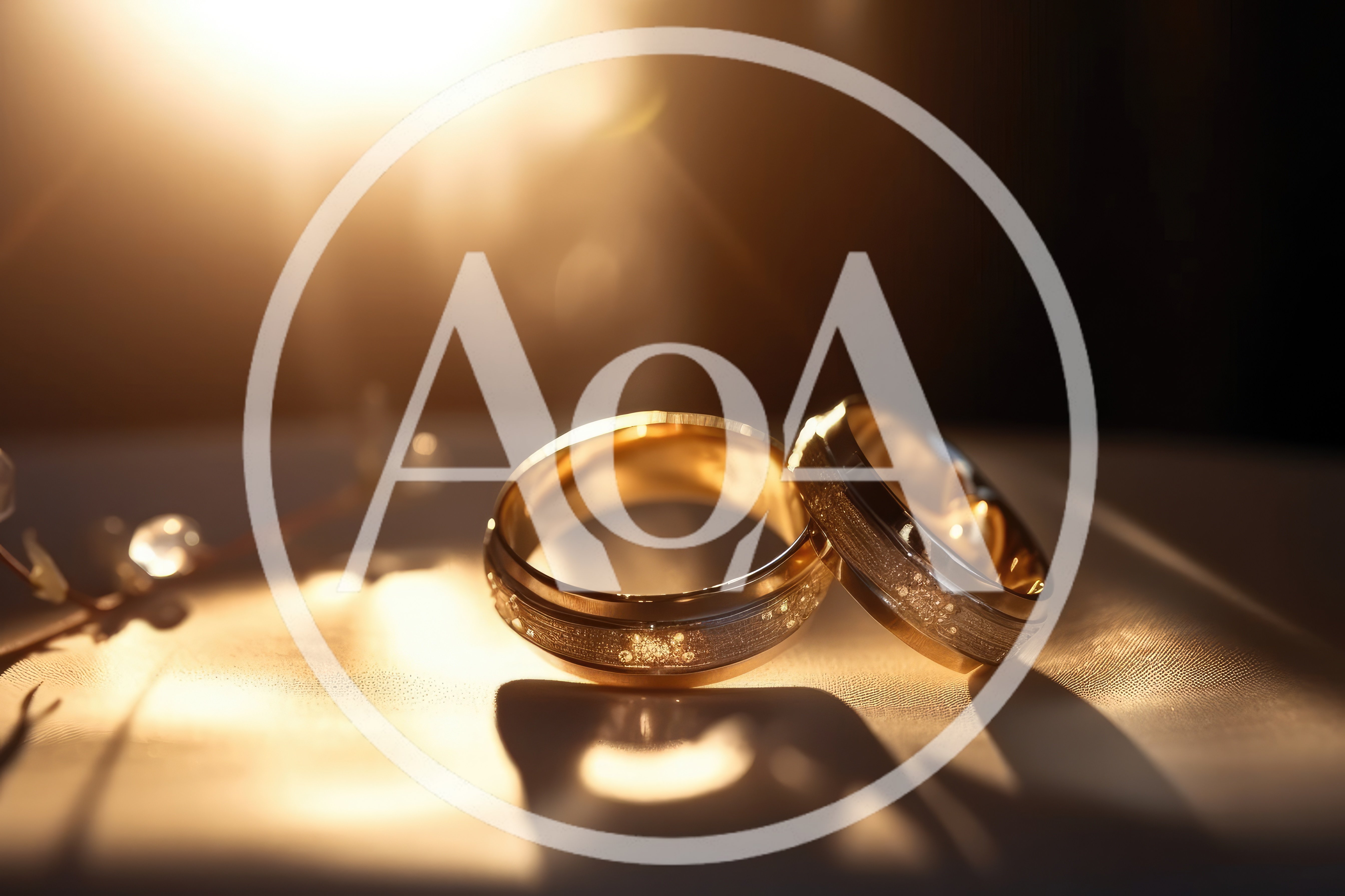 Two Elegant Gold Wedding Rings On A Reflective Surface