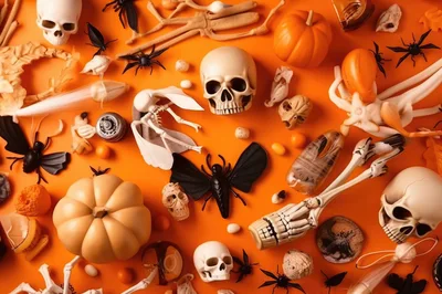 Halloween Flat Lay With Skulls And Spiders