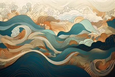 Abstract Japanese Wave Pattern With Stylized Mountains