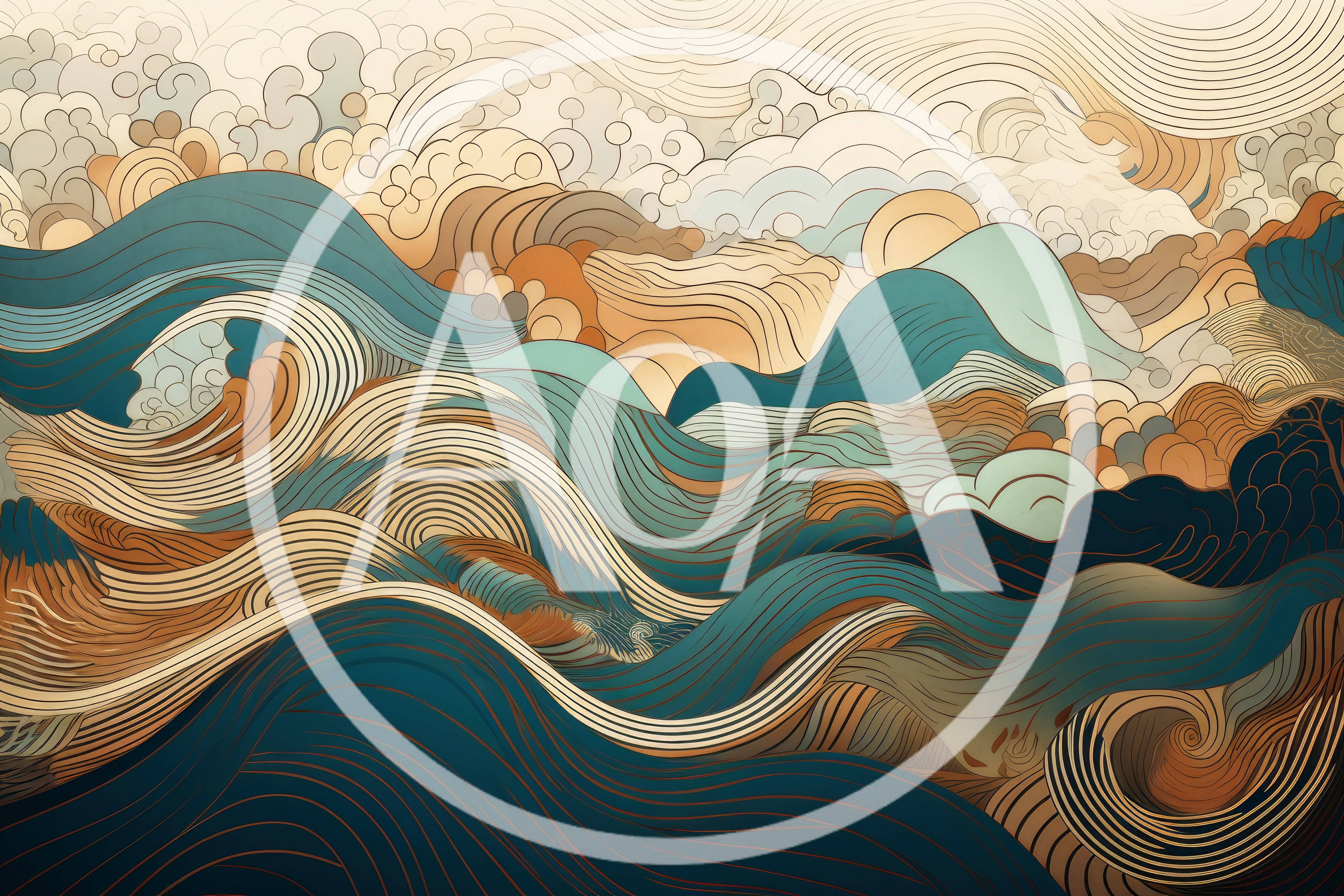Abstract Japanese Wave Pattern With Stylized Mountains
