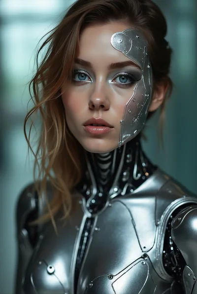 Portrait Of A Female Cyborg With Metallic Facial Plating