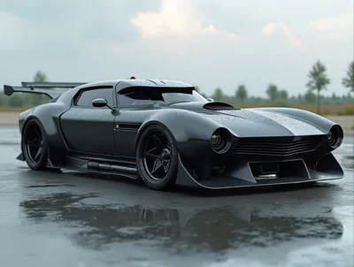 Custom Dark Grey Sports Car On Wet Asphalt