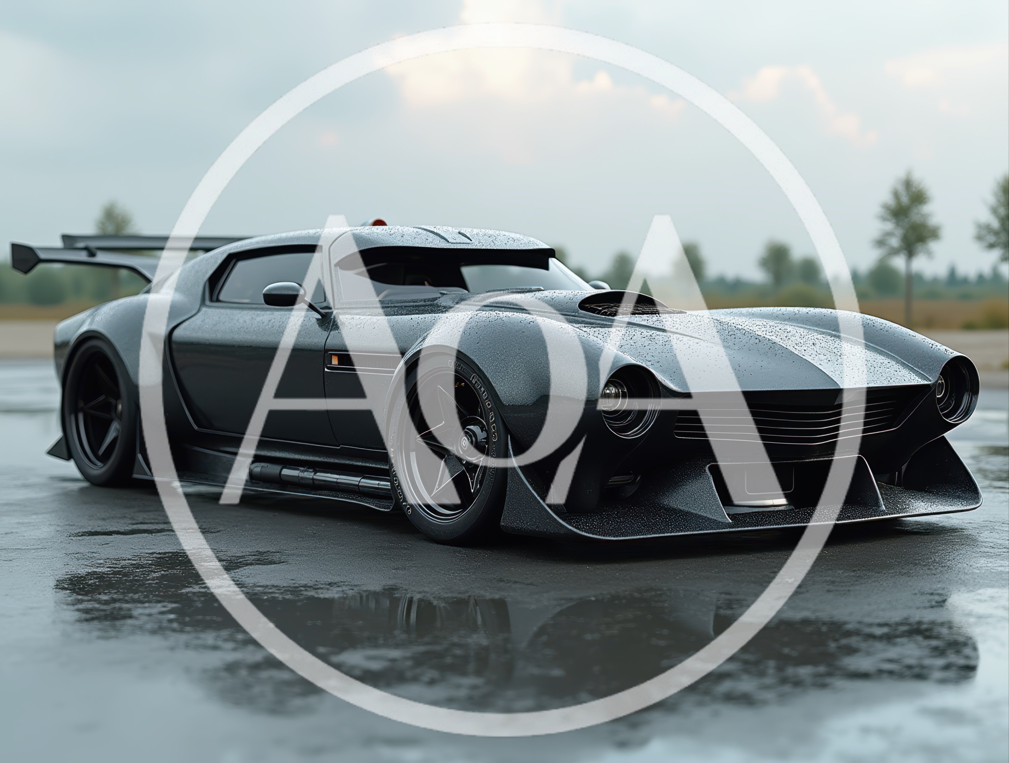 Custom Dark Grey Sports Car On Wet Asphalt