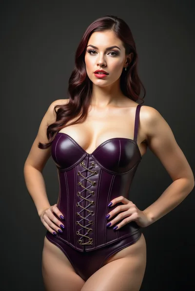 Woman Wearing Purple Leather Corset Bodysuit