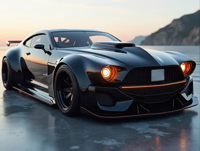 Custom Black Sports Car Parked At Sunset