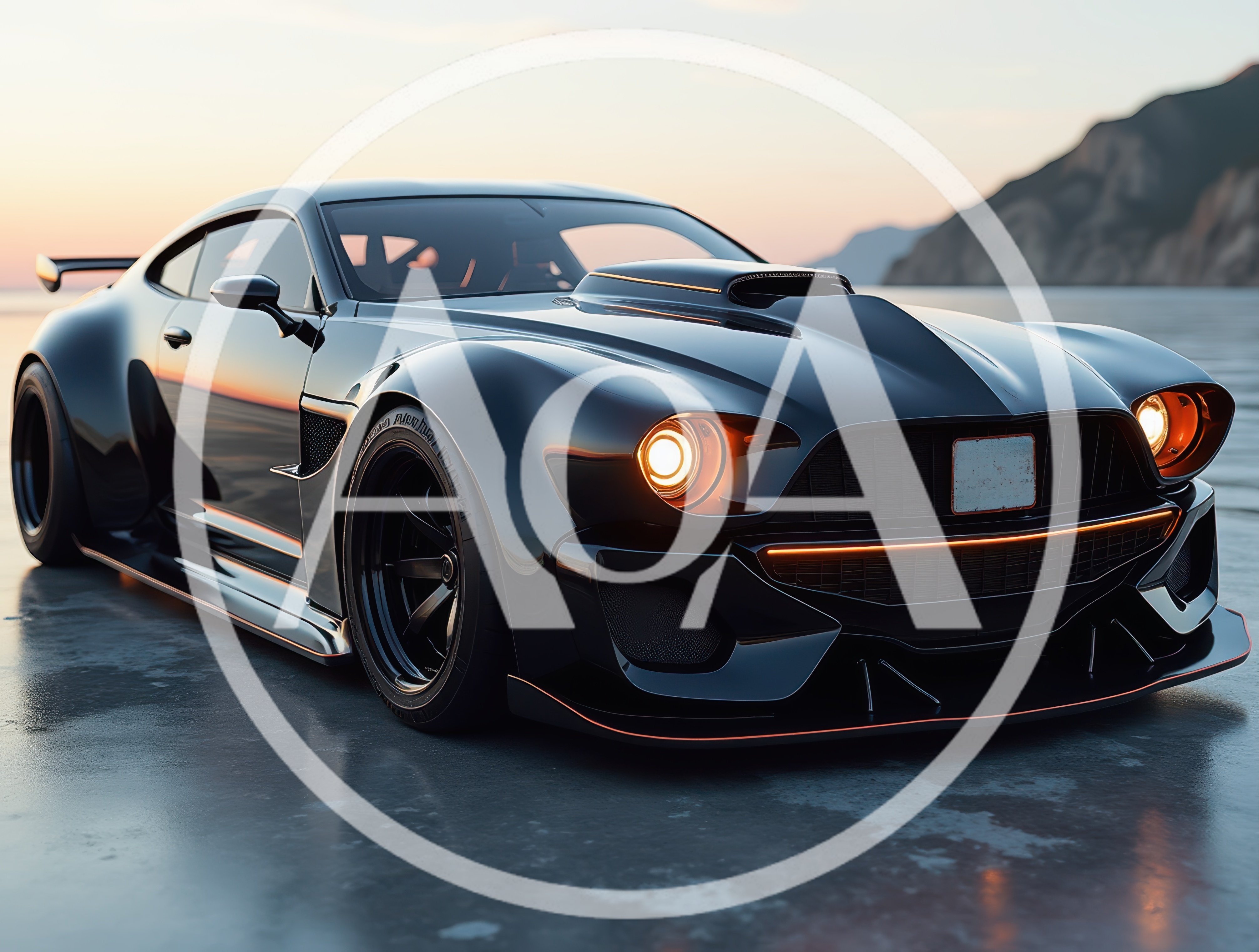 Custom Black Sports Car Parked At Sunset