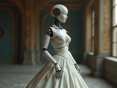 Elegant Android Robot Wearing A White Ballgown