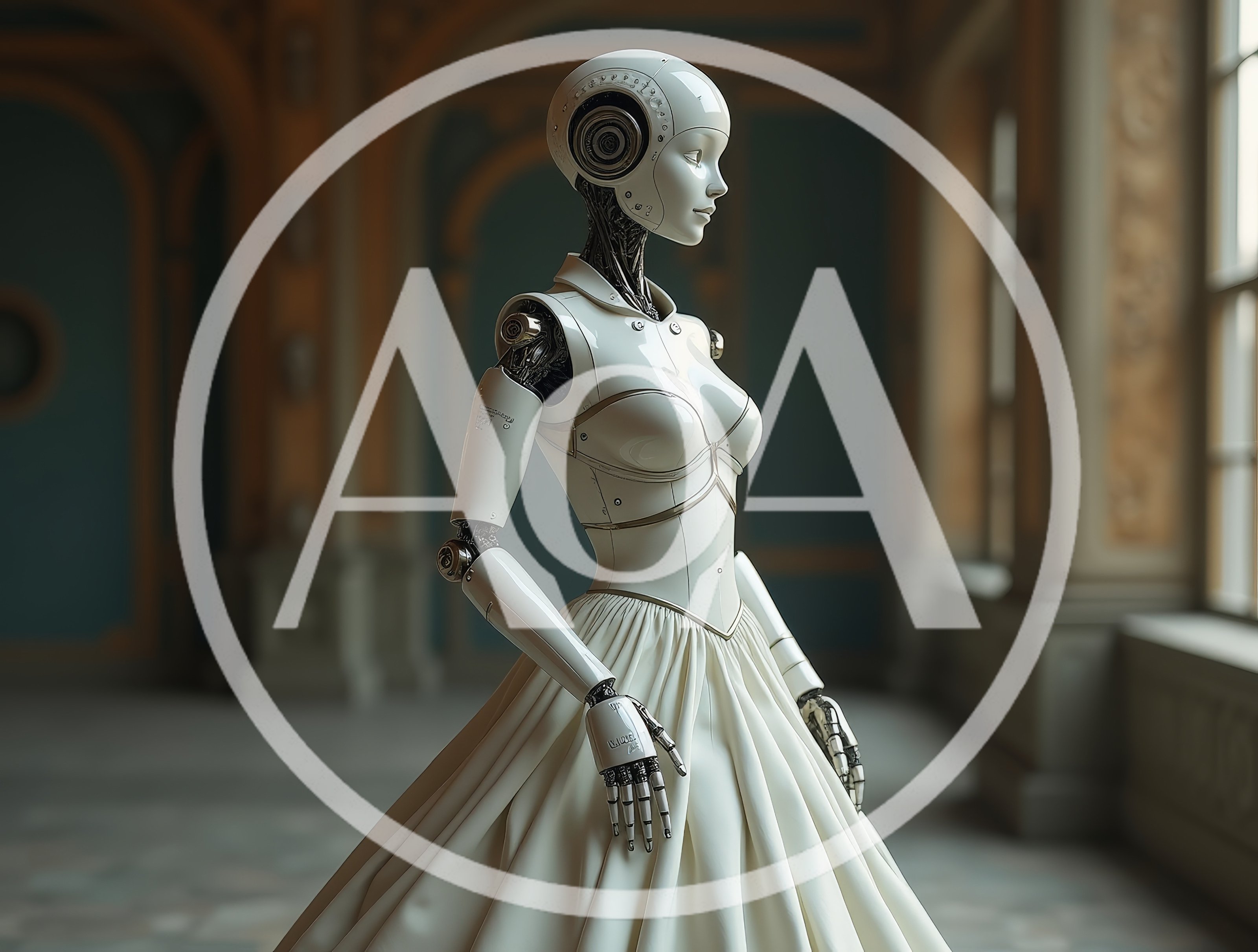 Elegant Android Robot Wearing A White Ballgown