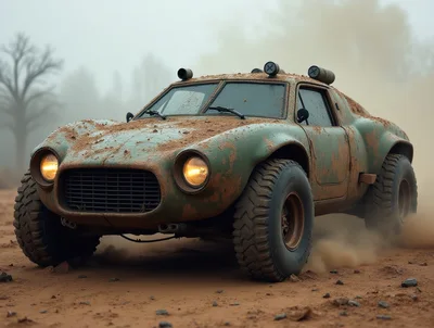 Muddy Off-Road Rally Car Driving Through Dusty Terrain