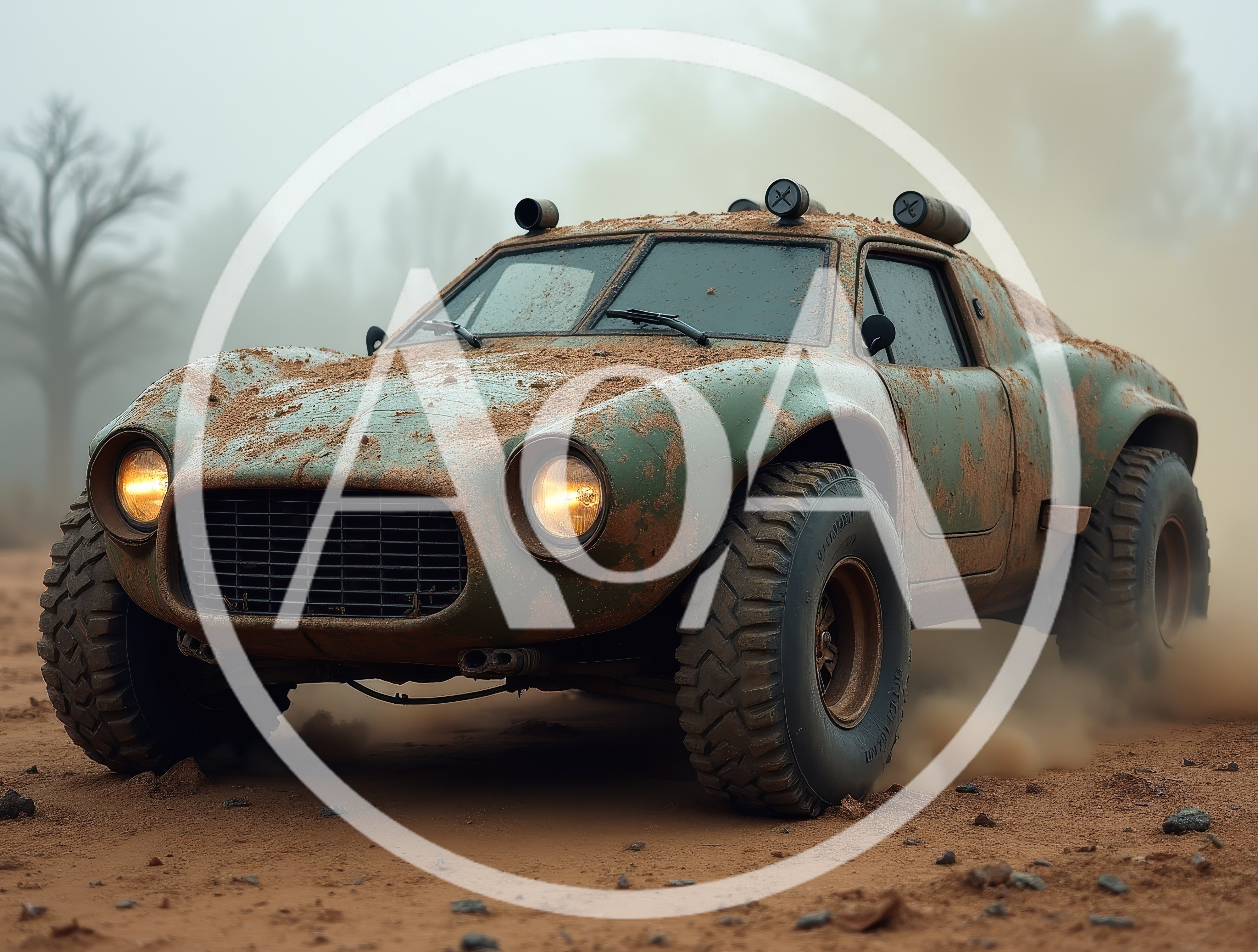 Muddy Off-Road Rally Car Driving Through Dusty Terrain